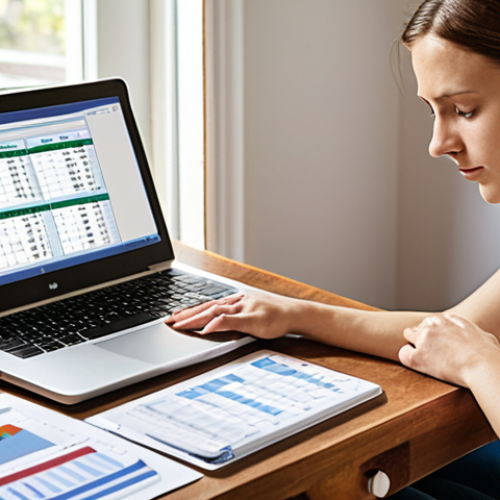 Home 4 **Image:** A woman calmly using a laptop at home, reviewing her budget spreadsheet with a cup of coffee. A visible emergency fund balance reassures her. Focus on a tidy, organized home office setting. **Prompt:** Serene woman, home office, laptop, budget spreadsheet, emergency fund balance, coffee cup, organized desk, financial security, relaxed atmosphere, German home decor.
