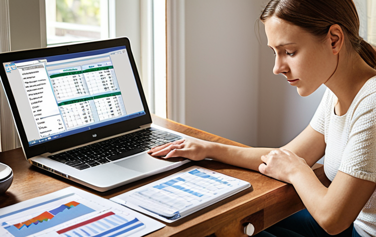 **Image:** A woman calmly using a laptop at home, reviewing her budget spreadsheet with a cup of coffee. A visible emergency fund balance reassures her. Focus on a tidy, organized home office setting.  **Prompt:** Serene woman, home office, laptop, budget spreadsheet, emergency fund balance, coffee cup, organized desk, financial security, relaxed atmosphere, German home decor.
