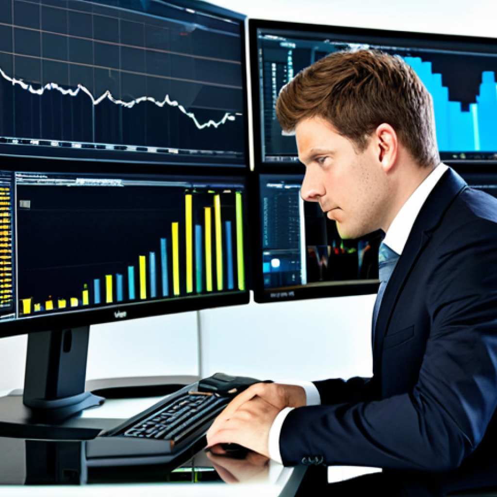 A calm, professional German financial analyst in a modest, modern business suit, seated at a sleek desk in a high-tech office. Multiple large monitors display complex financial charts and analytical data. The lighting is bright and natural, conveying a sense of clarity and focused concentration. The subject exhibits perfect anatomy, correct proportions, natural pose, well-formed hands, and proper finger count. Fully clothed, appropriate attire, professional dress, safe for work, appropriate content, family-friendly, high quality professional photography.
