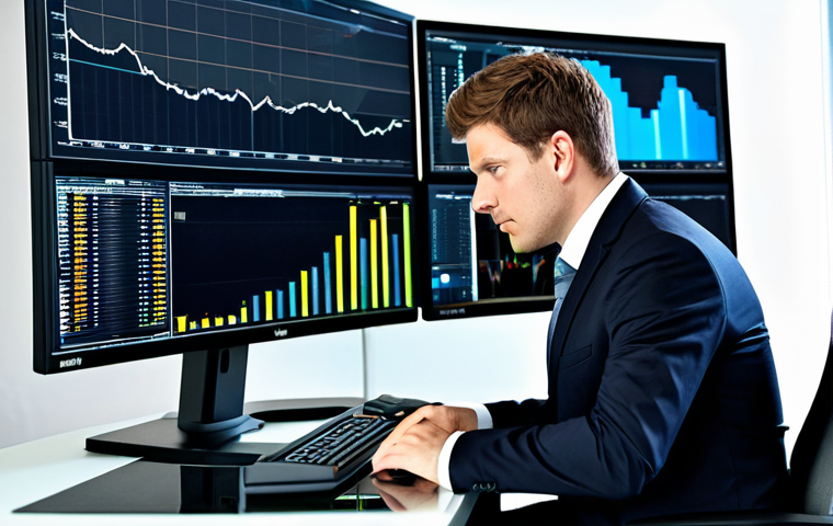 A calm, professional German financial analyst in a modest, modern business suit, seated at a sleek desk in a high-tech office. Multiple large monitors display complex financial charts and analytical data. The lighting is bright and natural, conveying a sense of clarity and focused concentration. The subject exhibits perfect anatomy, correct proportions, natural pose, well-formed hands, and proper finger count. Fully clothed, appropriate attire, professional dress, safe for work, appropriate content, family-friendly, high quality professional photography.