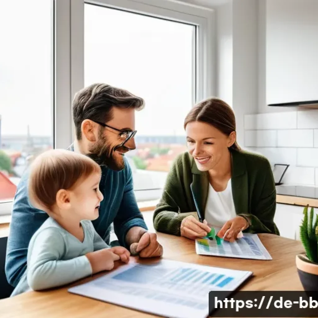 비상 재무계획 수립 후 실천 방법 - A modern German family sitting around a kitchen table in a bright, cozy apartment with large windows...