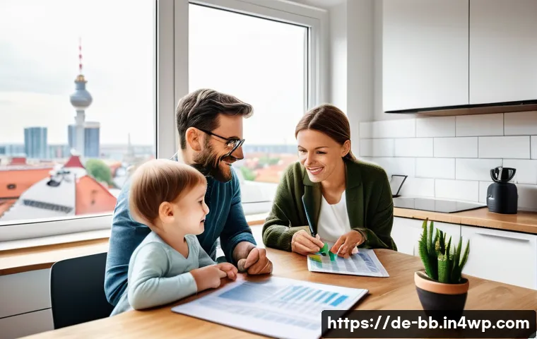 비상 재무계획 수립 후 실천 방법 - A modern German family sitting around a kitchen table in a bright, cozy apartment with large windows...