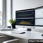 비상 재무계획의 투자 원칙 - A modern financial advisor’s workspace in a bright Berlin office, featuring multiple screens display...