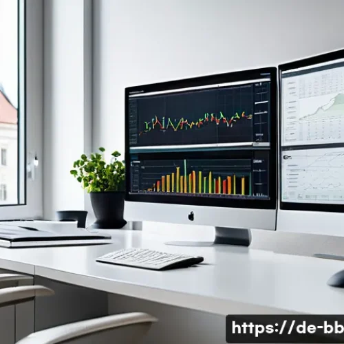 비상 재무계획의 투자 원칙 - A modern financial advisor’s workspace in a bright Berlin office, featuring multiple screens display...