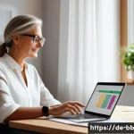 비상 재무계획을 위한 도구 소개 - A modern, cozy home office scene featuring a middle-aged German woman using a laptop with a sleek bu...