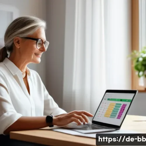 비상 재무계획을 위한 도구 소개 - A modern, cozy home office scene featuring a middle-aged German woman using a laptop with a sleek bu...