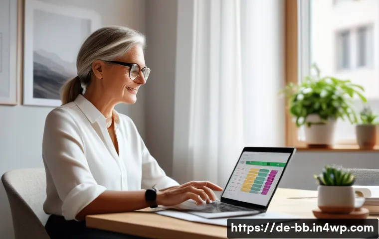 비상 재무계획을 위한 도구 소개 - A modern, cozy home office scene featuring a middle-aged German woman using a laptop with a sleek bu...