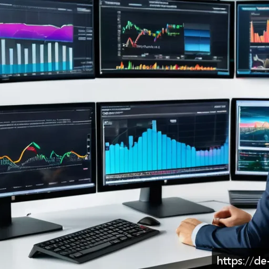 비상 재무계획을 위한 시장 조사 기법 - A modern office scene showing a German financial analyst at work, surrounded by multiple large monit...