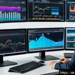 비상 재무계획을 위한 시장 조사 기법 - A modern office scene showing a German financial analyst at work, surrounded by multiple large monit...