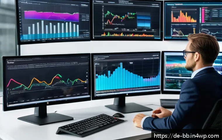 비상 재무계획을 위한 시장 조사 기법 - A modern office scene showing a German financial analyst at work, surrounded by multiple large monit...