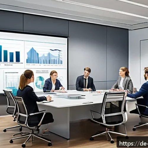 비상 재무계획의 지속 가능성 평가 - A professional German mid-sized company conference room scene, showing a diverse team of businesspeo...