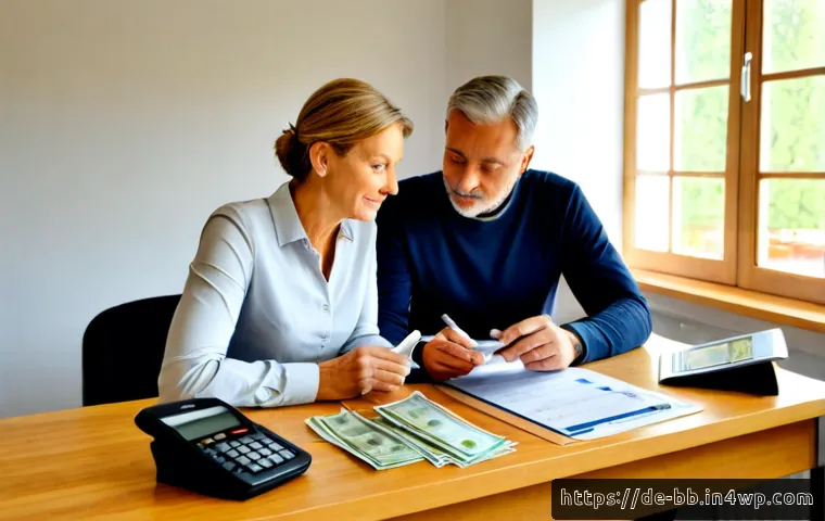 Home 17 비상 재무계획 수립 후 목표 달성 여부 평가 - Photorealistic home office scene in Germany, a middle-aged couple calmly reviewing their emergency f...